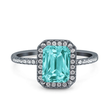 Emerald Cut Art Deco Wedding Ring Black Tone, Simulated Paraiba Tourmaline CZ 925 Sterling Silver